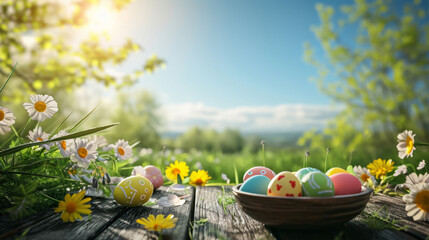 Easter eggs on a wooden table with a spring meadow as a backdrop