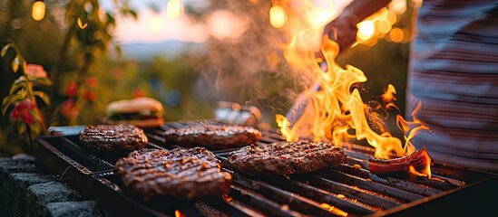 a man puts burger buns on the grill of a gas grill A gas grill is installed in the backyard of the...