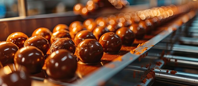 Production of pralines in a factory for the food industry. Copy space image. Place for adding text