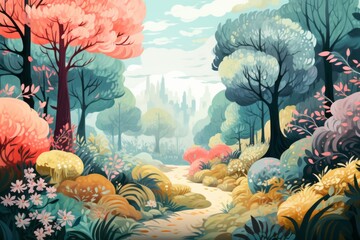 Elevate your visual storytelling with the playful allure of a cartoon forest scene, featuring animated trees, friendly forest, Generative AI - obrazy, fototapety, plakaty