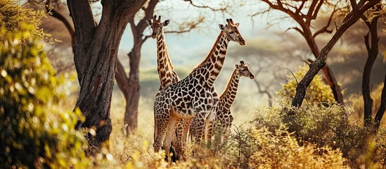 Poster Family of giraffes spotted in the woods of Kenya Africa. Copy space image. Place for adding text © Ilgun