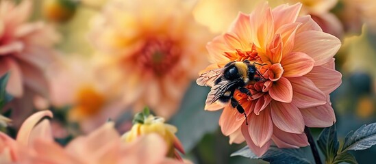 A bumble bee sat on a pink and orange collarette Dahlia Princess Nadine in flower. Copy space image. Place for adding text