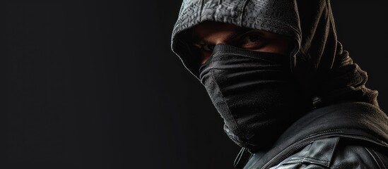 Criminal businessman wearing balaclava in office. Copy space image. Place for adding text