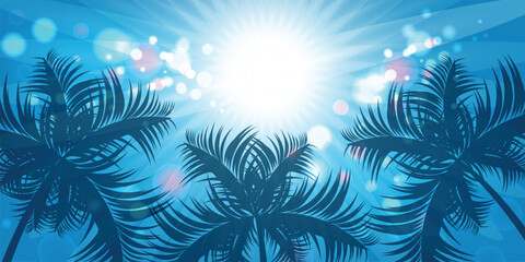 Fototapeta na wymiar Palm leaves and sun on blue background