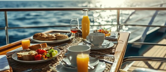 A full room service breakfast on a balcony of a cruise ship cabin at sea including juice coffee and...
