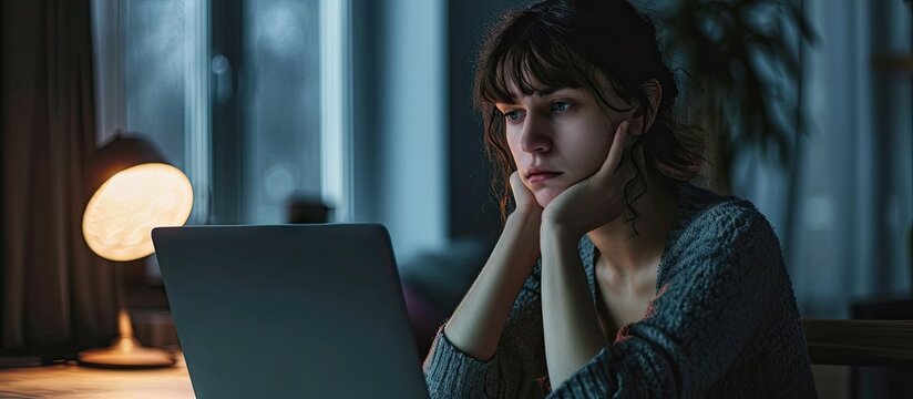 Depression at work Deadline fight Sad lady office worker with her hands on her face in front of a laptop Cold photo tones Deppresion theme Stress at work. Copy space image. Place for adding text
