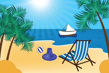 Summer holidays beach background with chair and palm tree