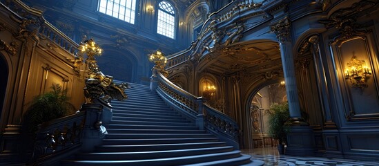 Midnight view of staircases of luxury mansion. Copy space image. Place for adding text