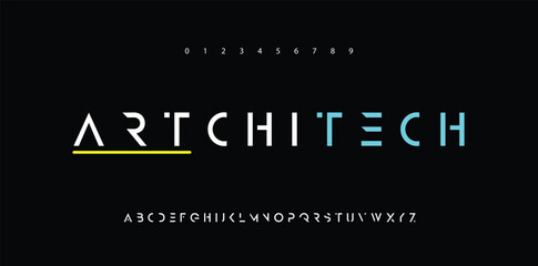 Bold futuristic font alphabet letters. Modern typography. Minimal architecture typographic design. Future letter set for architect logo, space style headline, monogram type. Isolated vector typeset. - obrazy, fototapety, plakaty