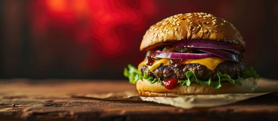 Double smash burger with caramelized onion close up. Copy space image. Place for adding text