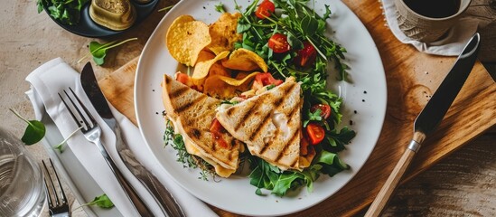 Top view of a tuna panini sandwitch in a white plate with crisps and salad Knife and Fork wrapped in a tissue on the side. Copy space image. Place for adding text - Powered by Adobe