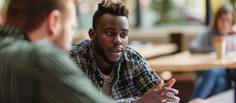 Male University Or College Student Having Individual Meeting With Tutor Or Counsellor. Copy space image. Place for adding text