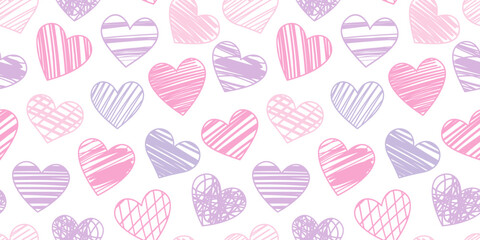 Hand drawn hearts vector repeat pattern white and purple valentine day background design