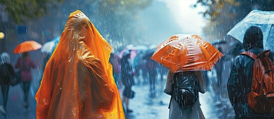 Obraz premium Raining day in city at summer Group of young people walking and hiding under orange colored cover Texture of strong fresh and powerful water drops and sprays Tropical storm Backs rear view