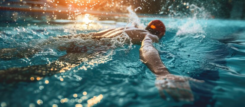 Top view shot of young man swimming laps in swimming pool Male swimmer swimming the front crawl in a pool swimming crawl. Copy space image. Place for adding text