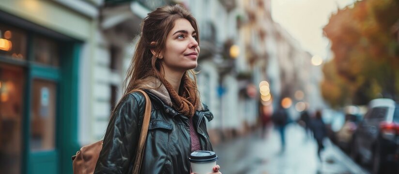 Young and confident Full length of attractive young woman drinking coffee while walking outdoors. Copy space image. Place for adding text