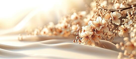 Wedding banquet decoration in tender beige color. Copy space image. Place for adding text