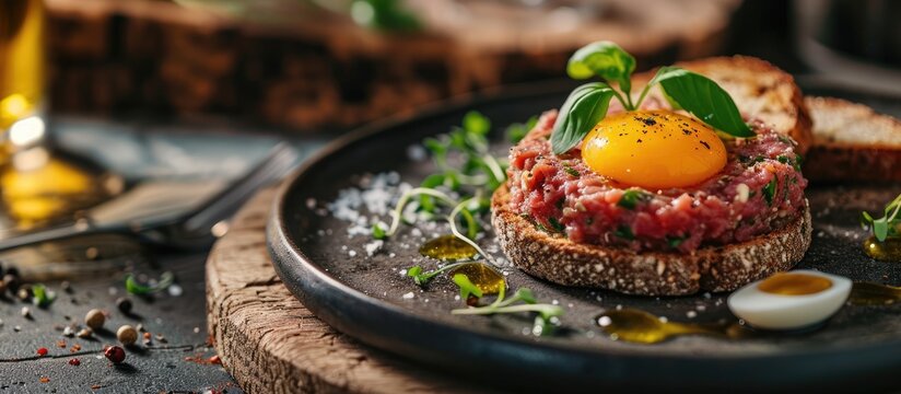 Steak tartare with quail egg and toast on plate with ingredients in a restaurant. Copy space image. Place for adding text