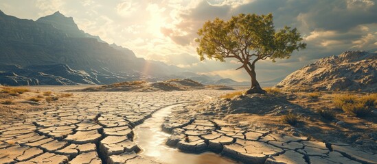 Dry cracked land and drying river and Green abundance of crop plant and trees metaphoric World climate change and Ecological collapse. Copy space image. Place for adding text - obrazy, fototapety, plakaty