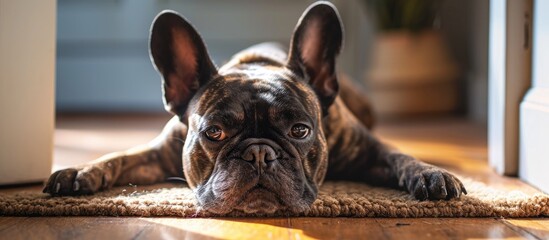 french bulldog dog waiting and begging to go for a walk with owner sitting or lying on doormat. Copy space image. Place for adding text - obrazy, fototapety, plakaty