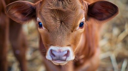 Close up portrait photography of a newborn calf cow baby head and nose, on the farm or on the rural ranch, offspring agricultural domestic animal livestock cattle outside