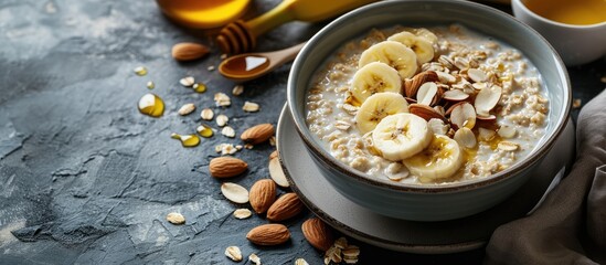 Bowl of oatmeal porridge with sliced banana almonds sunflower seeds and honey Cup of green tea jar of honey and ripe bananas on side. Copy space image. Place for adding text - Powered by Adobe