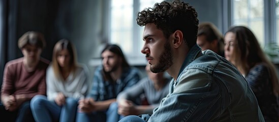 Close up of a devastated young man holding his head in his hands and friends supporting him during group therapy. Copy space image. Place for adding text - obrazy, fototapety, plakaty
