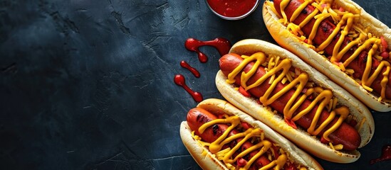 Gluten free diet no bun Mexican cheese corn tortilla wrap hot dogs with hot sauce. Copy space image. Place for adding text