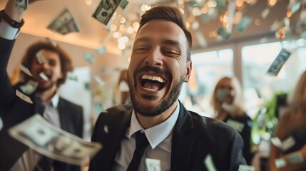 Happy handsome young businessman smiling close up photography, office interior party and celebration of corporation success, money falling, flying in the air. Colleges and employees blurred