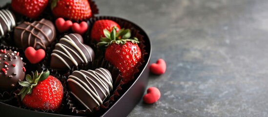 Variety of chocolate dipped strawberries in a heart shaped box. Copy space image. Place for adding text - obrazy, fototapety, plakaty