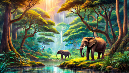 Linda floresta colorida com elefantes e uma luz dourada - obrazy, fototapety, plakaty