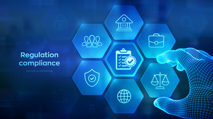Fototapeta premium Regulation Compliance financial control technology concept. Compliance rules. Law regulation policy. Wireframe hand places an element into a composition visualizing Reg Tech. Vector illustration.