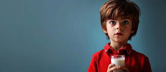 A boy in red shirt refusing from milk. Copy space image. Place for adding text - obrazy, fototapety, plakaty