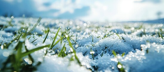 Macro photo of large hailstones in a meadow. Copy space image. Place for adding text - obrazy, fototapety, plakaty