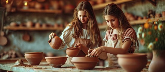 girls and mother teen potter clay bowl working in pottery workshop traditional Arts The inscription...
