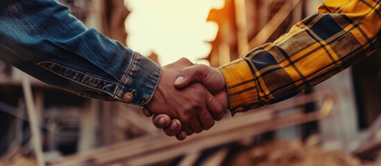 construction worker and contractor Client shaking hands with team builder in renovation site. Copy space image. Place for adding text