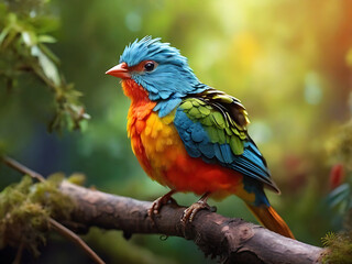 Obraz premium colorful bird sits on a branch with a person's hand.