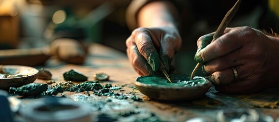 A jeweler is using a tool to scrape off the green mold wax. Copy space image. Place for adding text