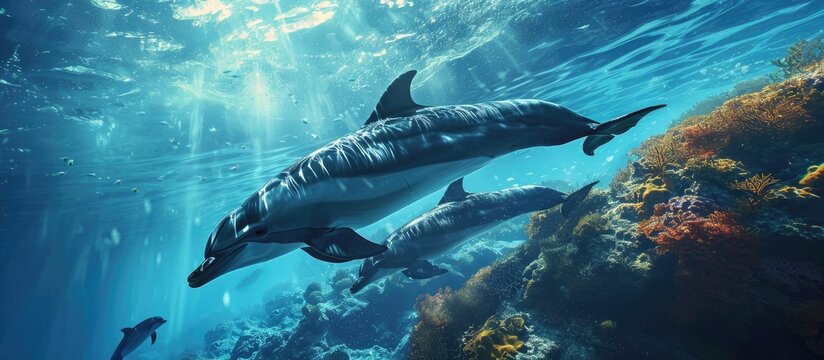 A family of dolphins underwater in sea open water. Copy space image. Place for adding text