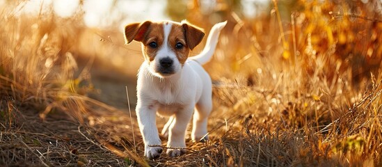 Jack Russel Terrier Dog puppy 6 months happy in the meadow. Copy space image. Place for adding text