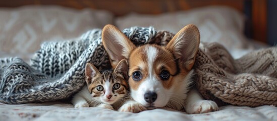 Cozy Pembroke Welsh corgi puppy hugs tiny tabby fold kitten under white warm blanket on a bed at home Top down view. Copy space image. Place for adding text