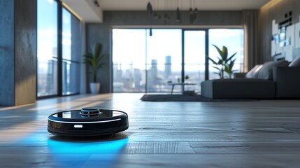Robot vacuum cleaner on laminate wood floor