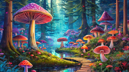 Mushrooms in the forest, with psychedelic and vibrant neon cores
