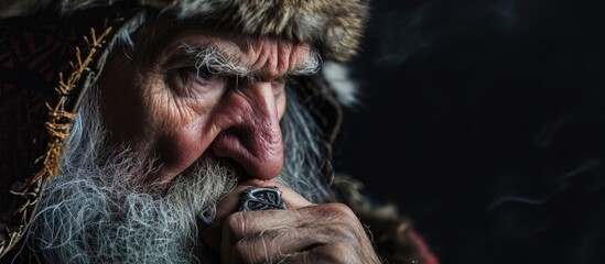 Old senior man with grey hair and long beard wearing viking traditional costume smelling something stinky and disgusting intolerable smell holding breath with fingers on nose bad smell - obrazy, fototapety, plakaty