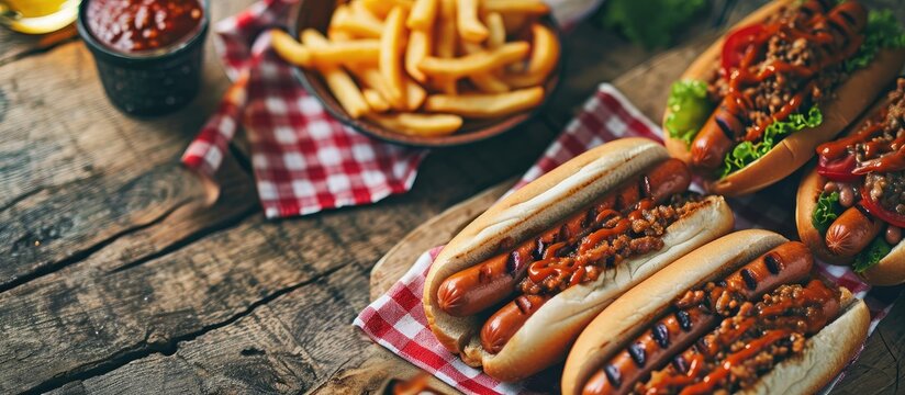 Hot dogs and baked bean for the 4th of July holiday picnic. Copy space image. Place for adding text