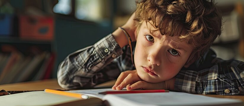 Tired boring boy don t want to do his difficult school homework. Copy space image. Place for adding text