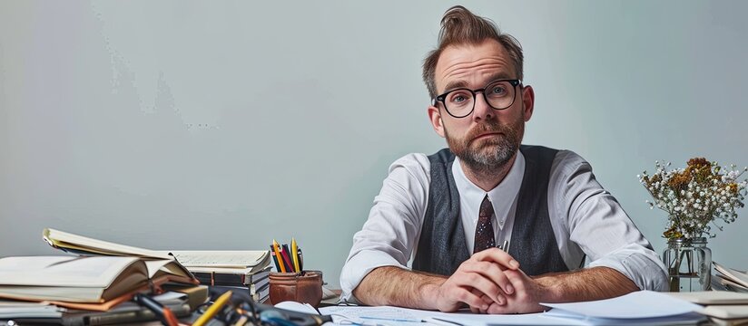 Funny accountant bookkeeper working in the office. Copy space image. Place for adding text