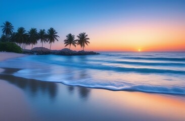 Fototapeta na wymiar sunset on the sea beach with waves and palms
