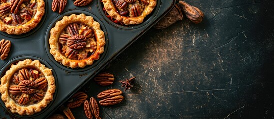 Mini pumpkin and pecan pies baked in muffin tin traditional Thanksgiving or fall dessert. Copy space image. Place for adding text