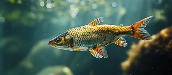European barbel Barbus barbus Wildlife animal. Copy space image. Place for adding text - obrazy, fototapety, plakaty